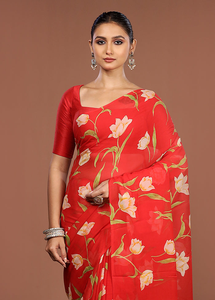 Red Handloom Chiffon Pure Silk Saree With Blouse Piece