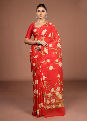 Red Handloom Chiffon Pure Silk Saree With Blouse Piece