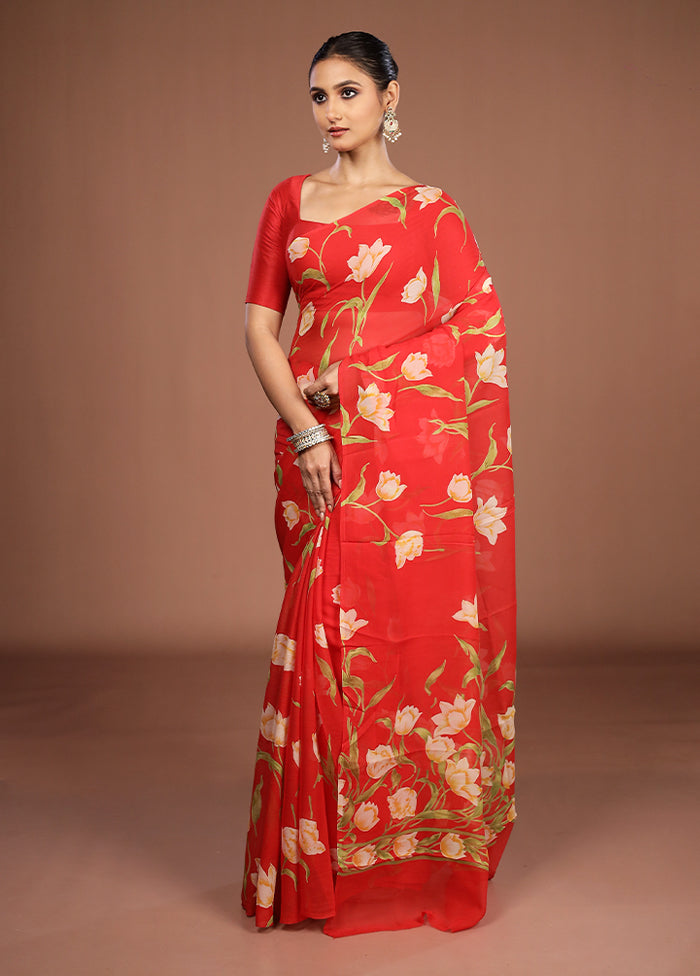 Red Handloom Chiffon Pure Silk Saree With Blouse Piece