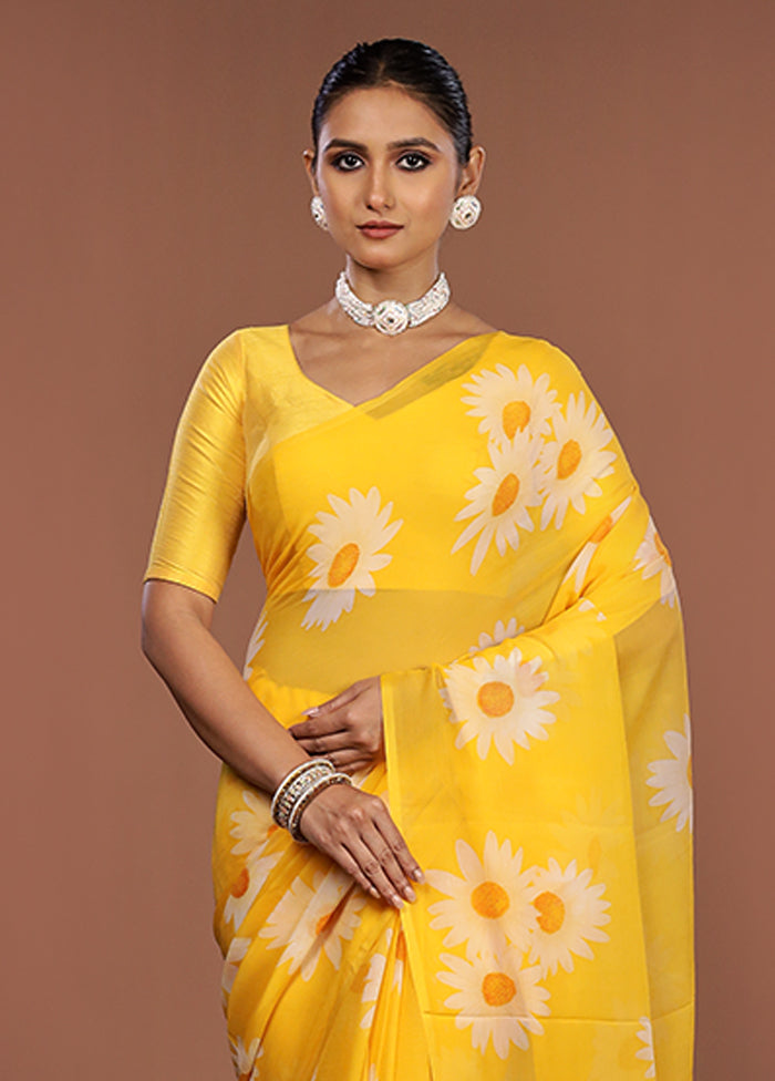 Yellow Handloom Chiffon Pure Silk Saree With Blouse Piece