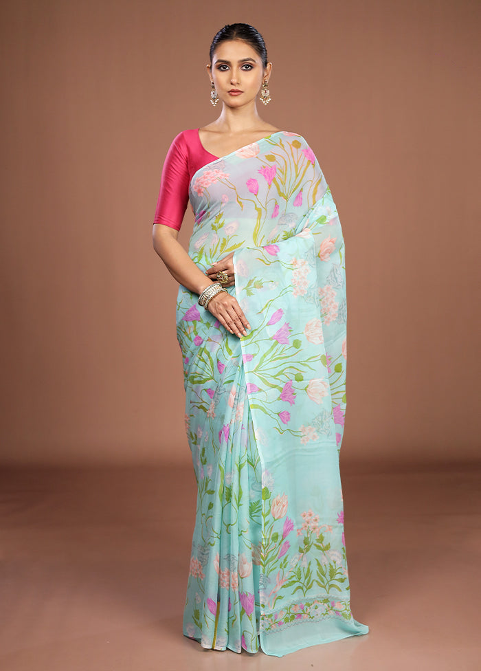 Blue Handloom Chiffon Pure Silk Saree With Blouse Piece