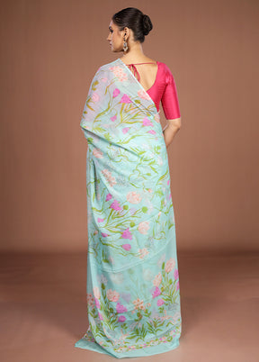 Blue Handloom Chiffon Pure Silk Saree With Blouse Piece