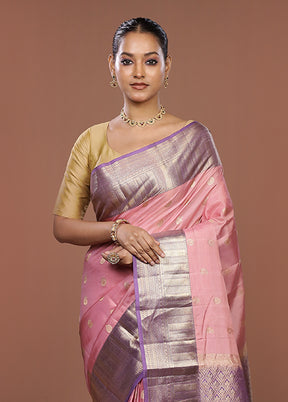 Pink Handloom Kanjivaram Pure Silk Saree With Blouse Piece