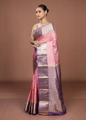 Pink Handloom Kanjivaram Pure Silk Saree With Blouse Piece