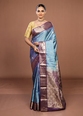 Blue Handloom Kanjivaram Pure Silk Saree With Blouse Piece