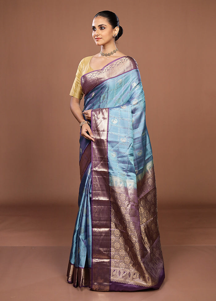Blue Handloom Kanjivaram Pure Silk Saree With Blouse Piece