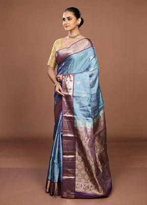Blue Handloom Kanjivaram Pure Silk Saree With Blouse Piece