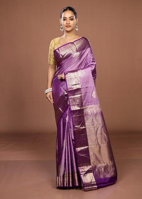 Purple Handloom Kanchipuram Pure Silk Saree With Blouse Piece