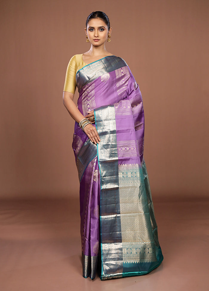 Purple Handloom Kanchipuram Pure Silk Saree With Blouse Piece