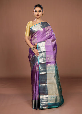 Purple Handloom Kanchipuram Pure Silk Saree With Blouse Piece