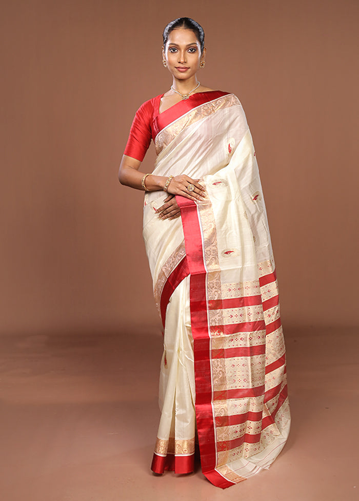 White Garad Pure Silk Saree Without Blouse Piece
