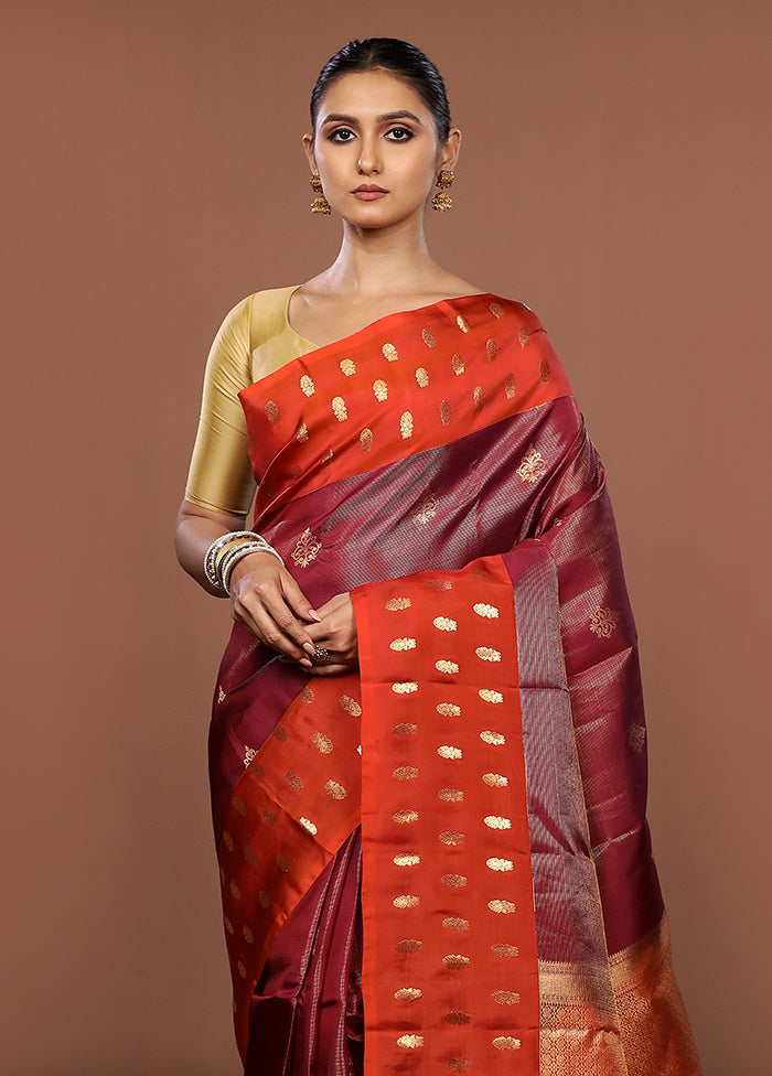 Maroon Handloom Kanchipuram Pure Silk Saree With Blouse Piece