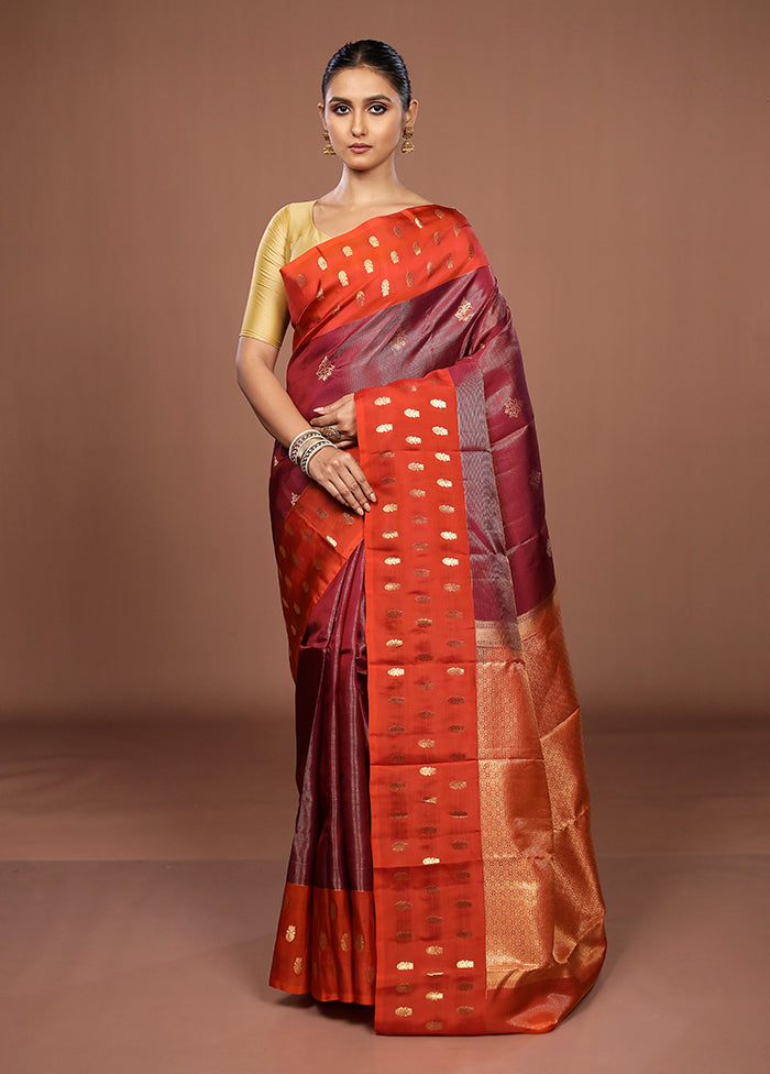Maroon Handloom Kanchipuram Pure Silk Saree With Blouse Piece