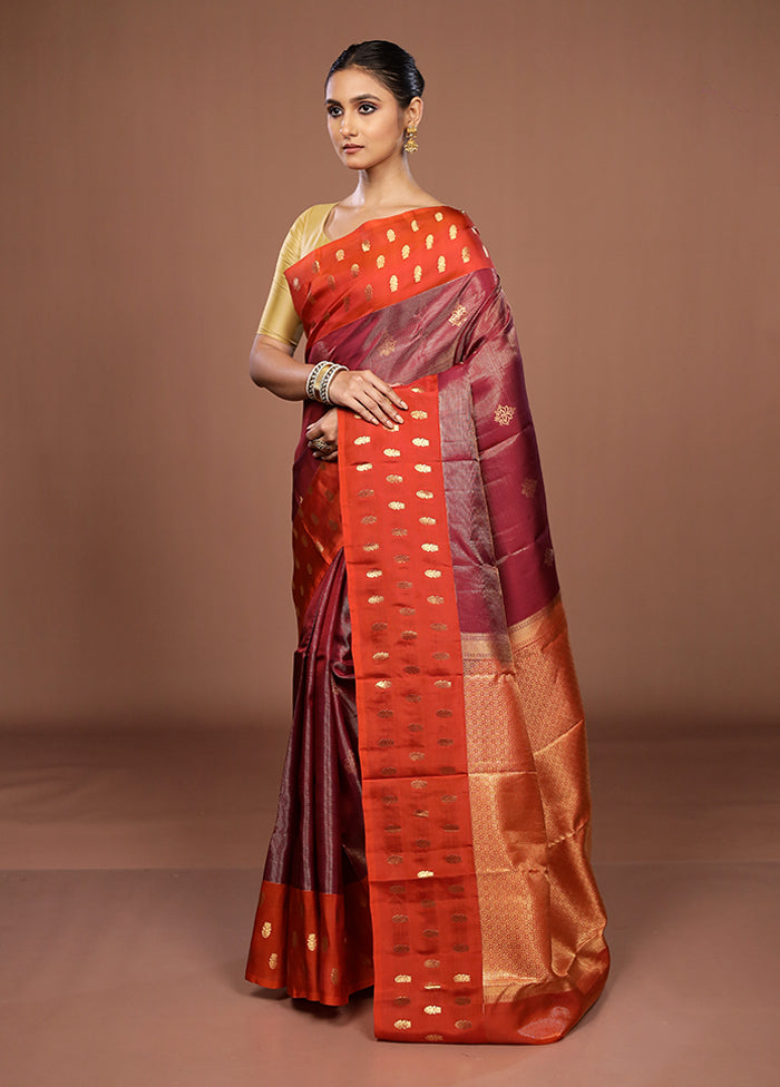 Maroon Handloom Kanchipuram Pure Silk Saree With Blouse Piece