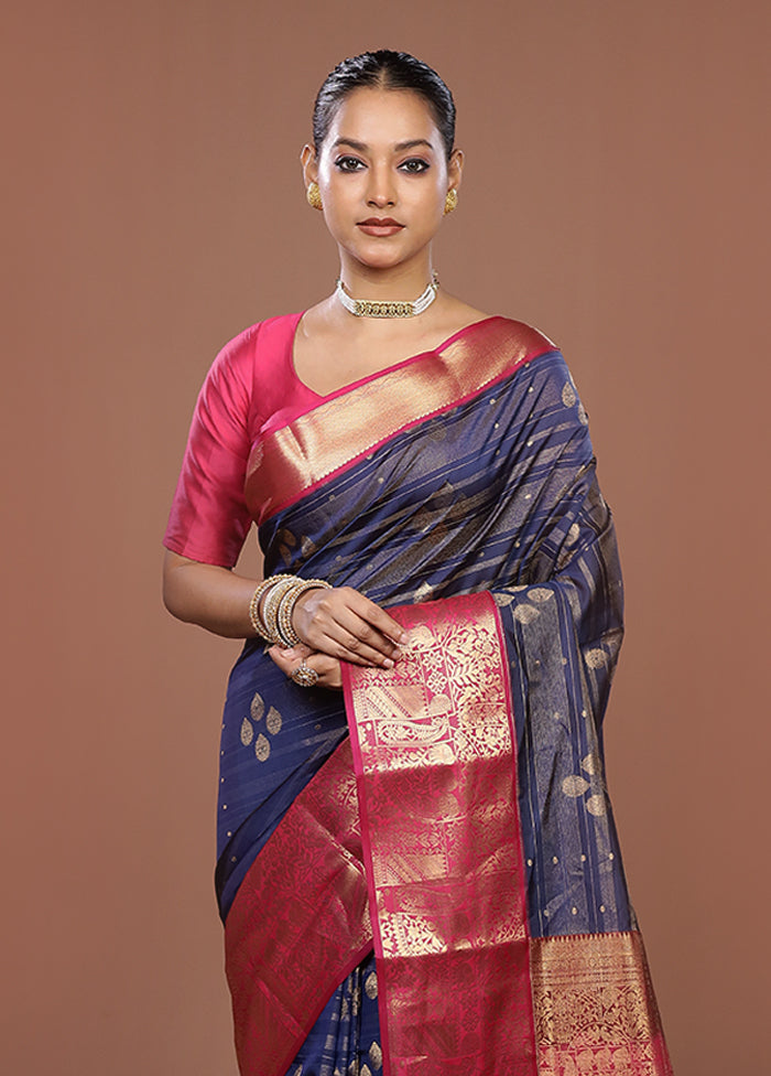 Blue Handloom Kanjivaram Pure Silk Saree With Blouse Piece
