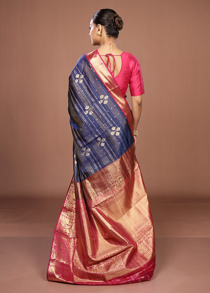 Blue Handloom Kanjivaram Pure Silk Saree With Blouse Piece