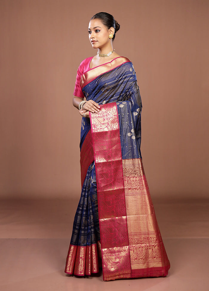 Blue Handloom Kanjivaram Pure Silk Saree With Blouse Piece