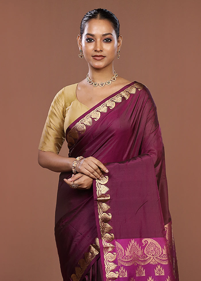 Purple Handloom Kanjivaram Pure Silk Saree With Blouse Piece