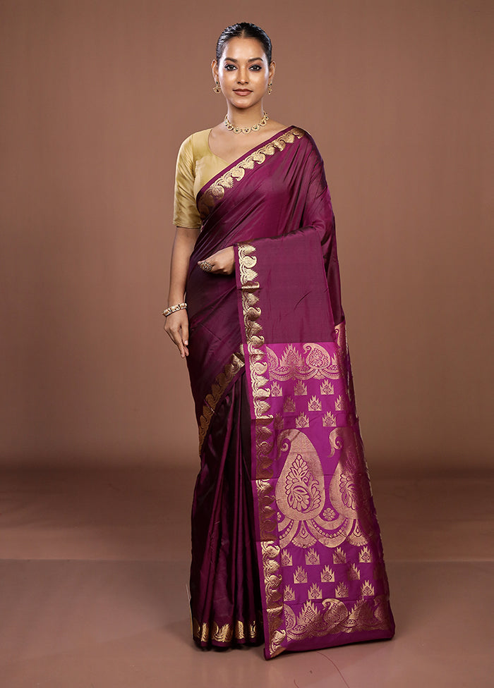Purple Handloom Kanjivaram Pure Silk Saree With Blouse Piece