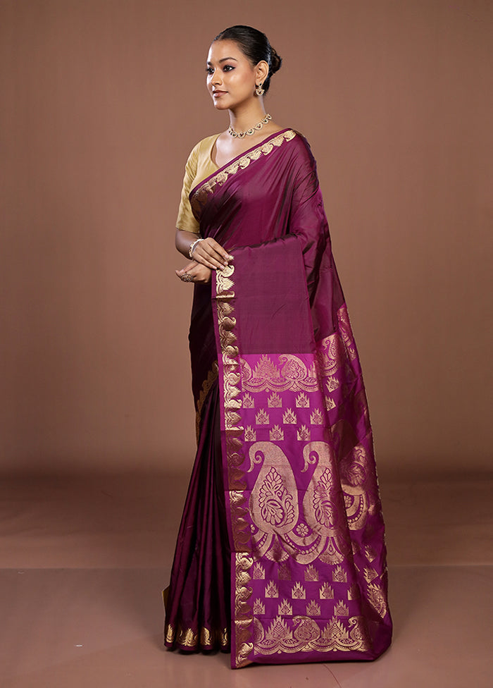 Purple Handloom Kanjivaram Pure Silk Saree With Blouse Piece