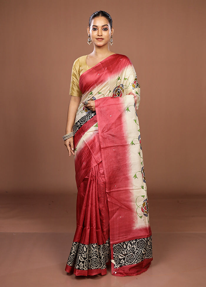 Cream Handloom Tussar Pure Silk Saree With Blouse Piece