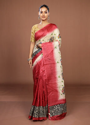 Cream Handloom Tussar Pure Silk Saree With Blouse Piece