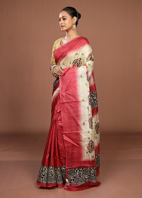 Cream Handloom Tussar Pure Silk Saree With Blouse Piece