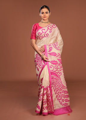 Cream Handloom Tussar Pure Silk Saree With Blouse Piece