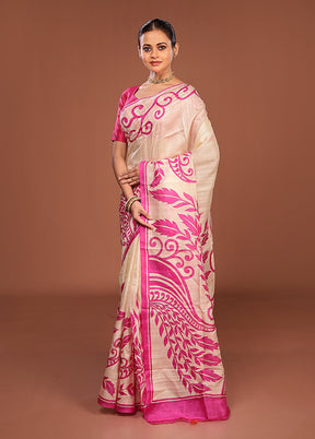 Cream Handloom Tussar Pure Silk Saree With Blouse Piece