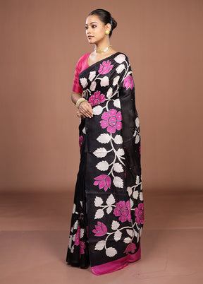 Black Handloom Tussar Pure Silk Saree With Blouse Piece