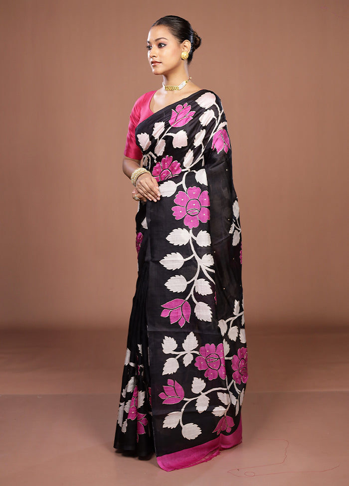 Black Handloom Tussar Pure Silk Saree With Blouse Piece