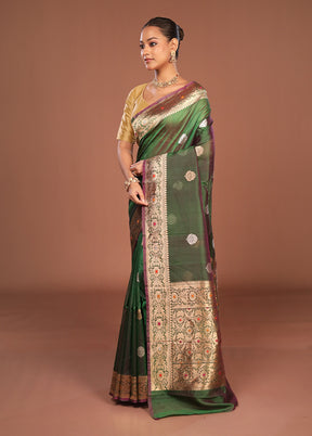 Green Handloom Pure Organza Saree With Blouse Piece