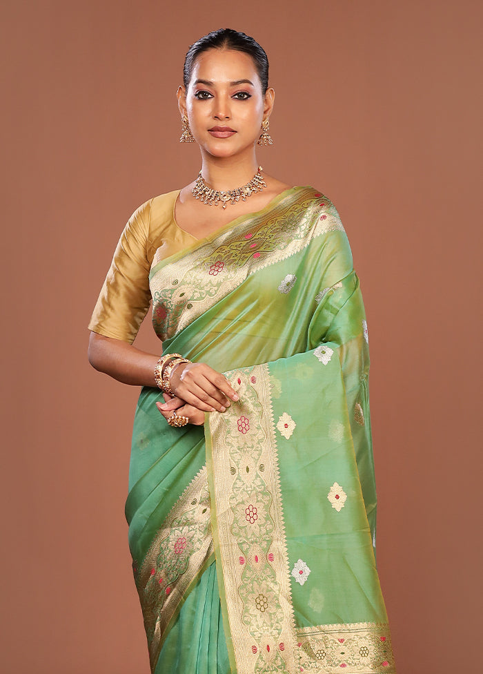 Green Handloom Pure Organza Saree With Blouse Piece
