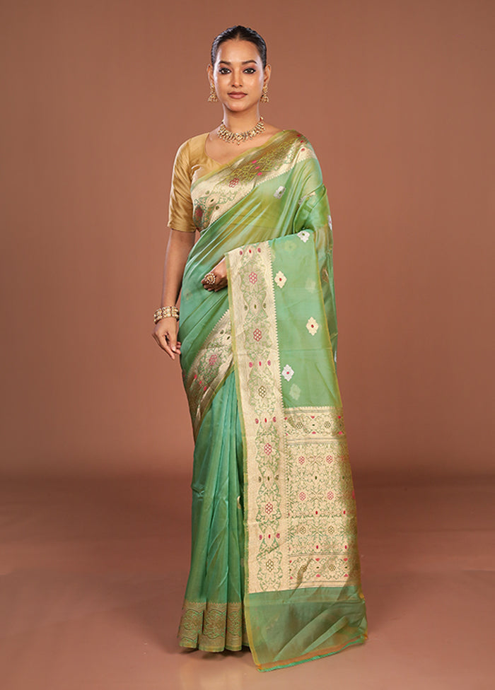 Green Handloom Pure Organza Saree With Blouse Piece