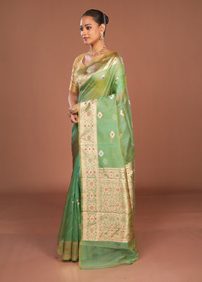 Green Handloom Pure Organza Saree With Blouse Piece