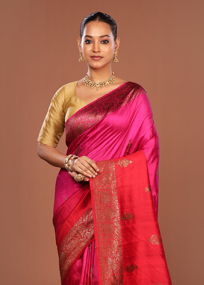 Pink Handloom Tussar Pure Silk Saree With Blouse Piece