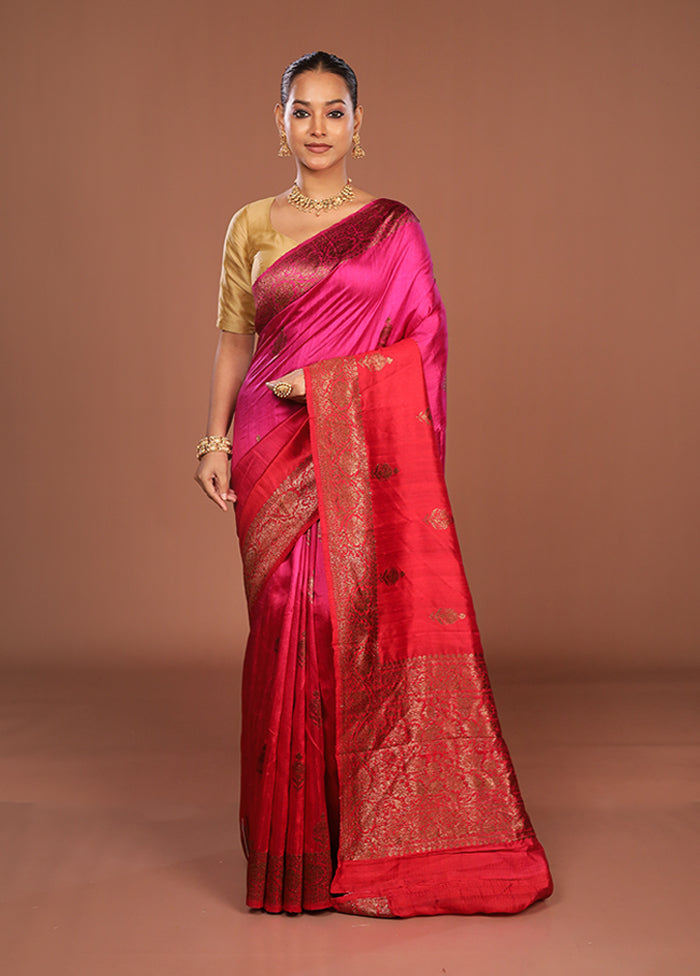 Pink Handloom Tussar Pure Silk Saree With Blouse Piece