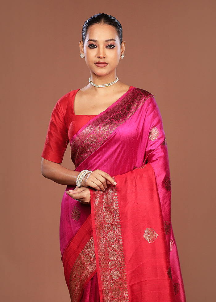 Pink Handloom Tussar Pure Silk Saree With Blouse Piece