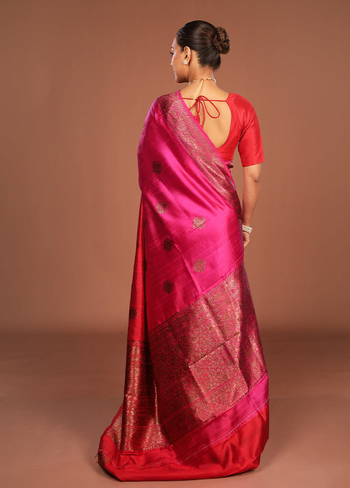 Pink Handloom Tussar Pure Silk Saree With Blouse Piece