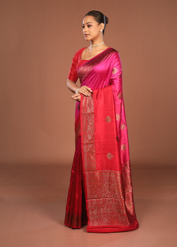 Pink Handloom Tussar Pure Silk Saree With Blouse Piece