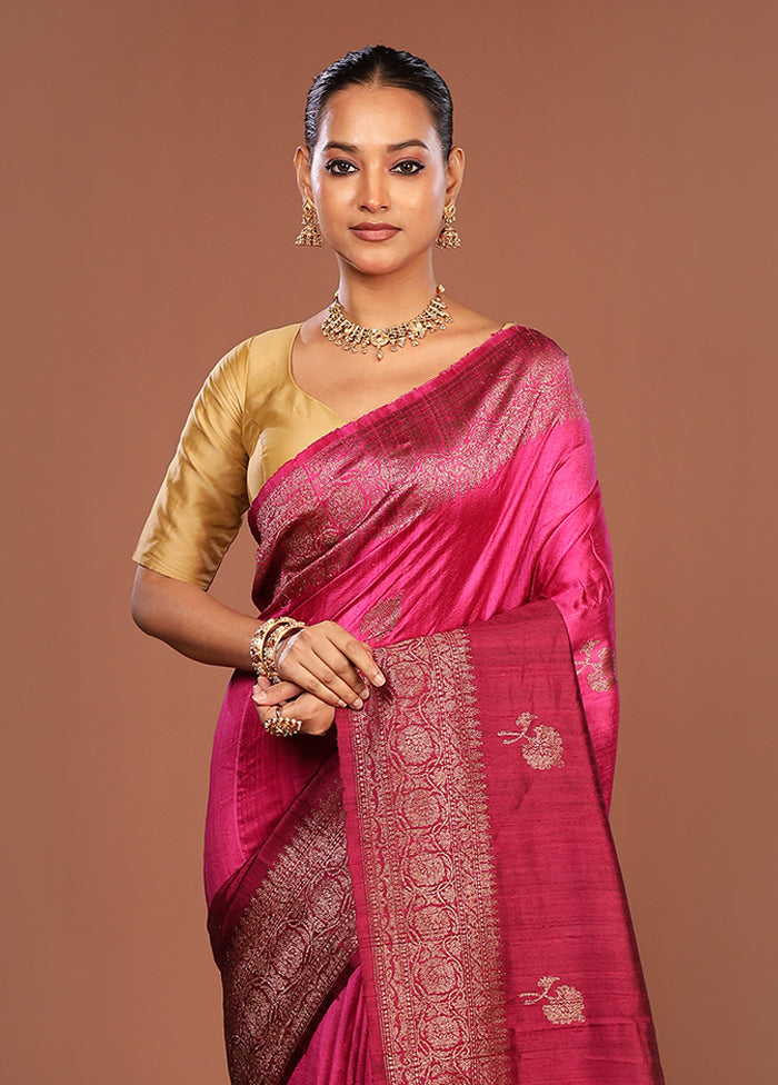 Purple Handloom Tussar Pure Silk Saree With Blouse Piece