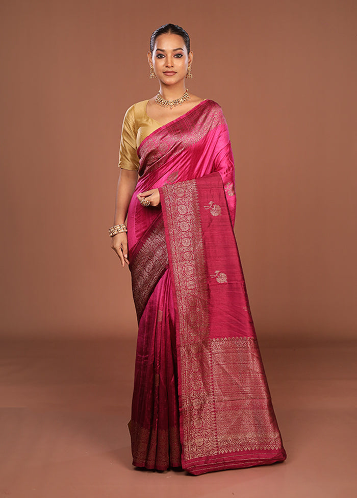 Purple Handloom Tussar Pure Silk Saree With Blouse Piece