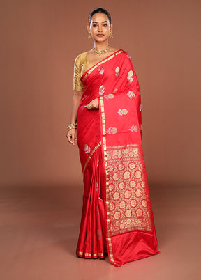 Red Handloom Katan Pure Silk Saree With Blouse Piece