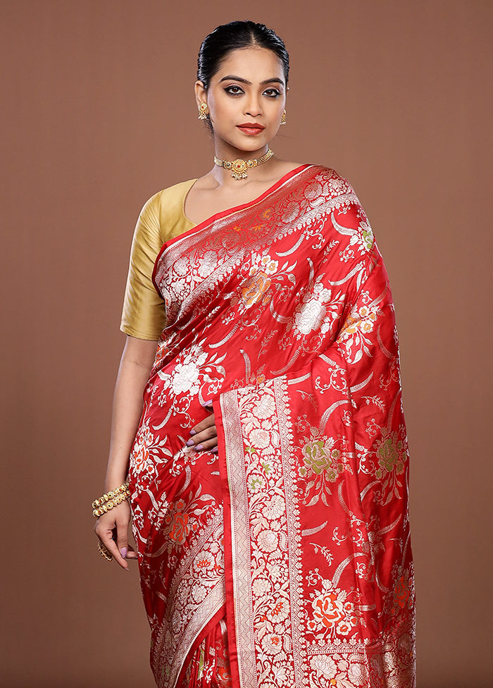 Red Handloom Katan Pure Silk Saree With Blouse Piece