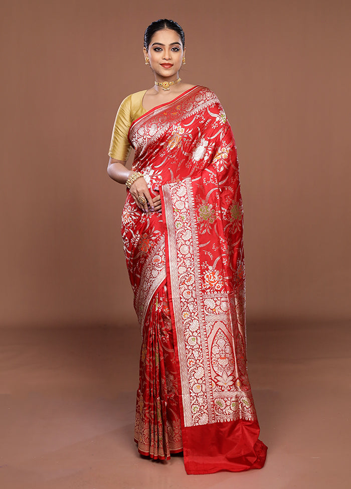 Red Handloom Katan Pure Silk Saree With Blouse Piece