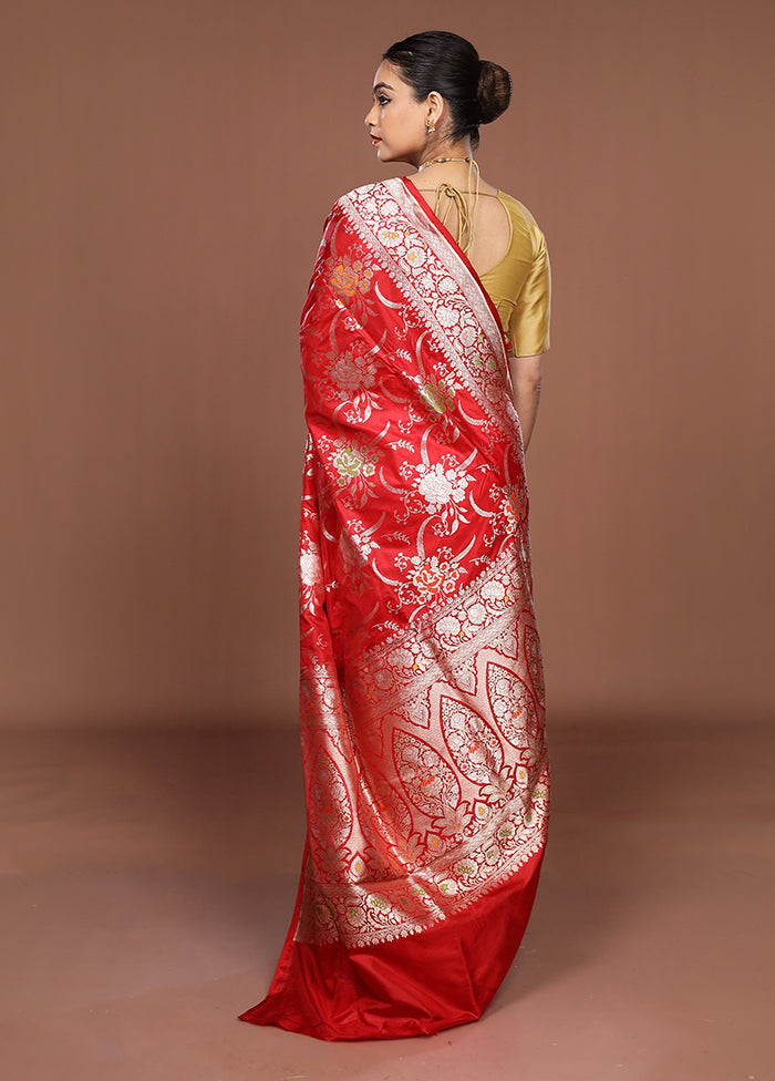 Red Handloom Katan Pure Silk Saree With Blouse Piece
