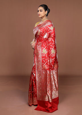 Red Handloom Katan Pure Silk Saree With Blouse Piece