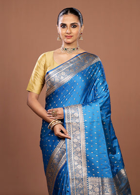 Blue Banarasi Silk Saree With Blouse Piece