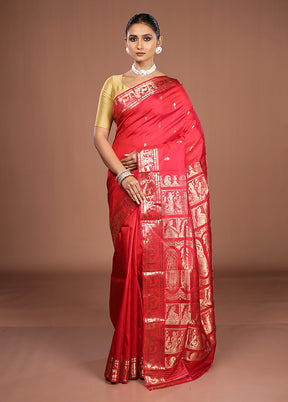 Red Handloom Baluchari Pure Silk Saree With Blouse Piece