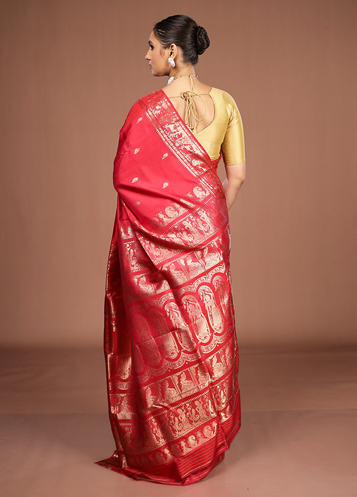 Red Handloom Baluchari Pure Silk Saree With Blouse Piece